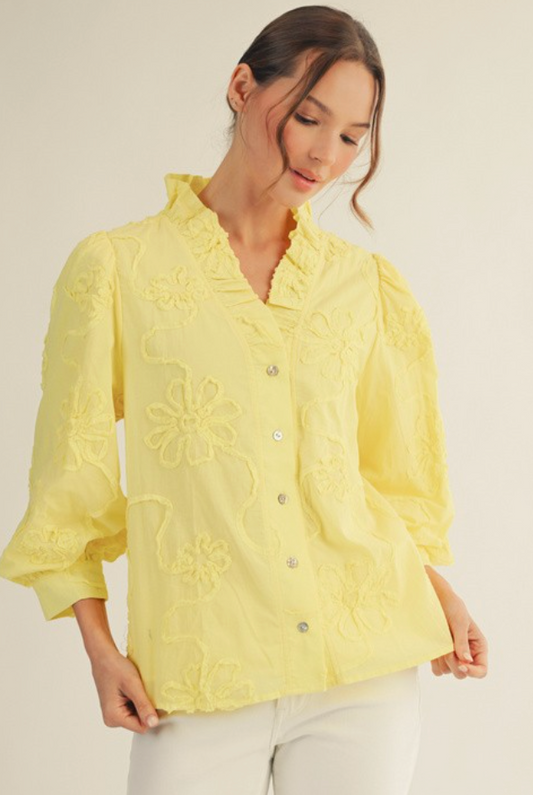 Button Down 3d Floral Top- Yellow