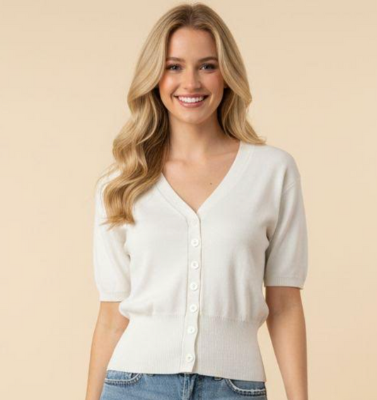 Solid V-Neck Knit Cardigan-Off White