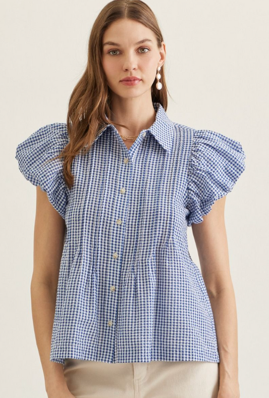 Plaid Puff Sleeve Top- Blue