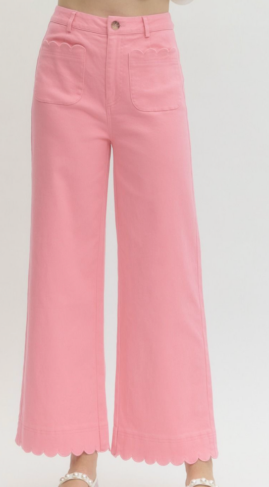Scalloped High Rise Wide Leg Pants- Pink