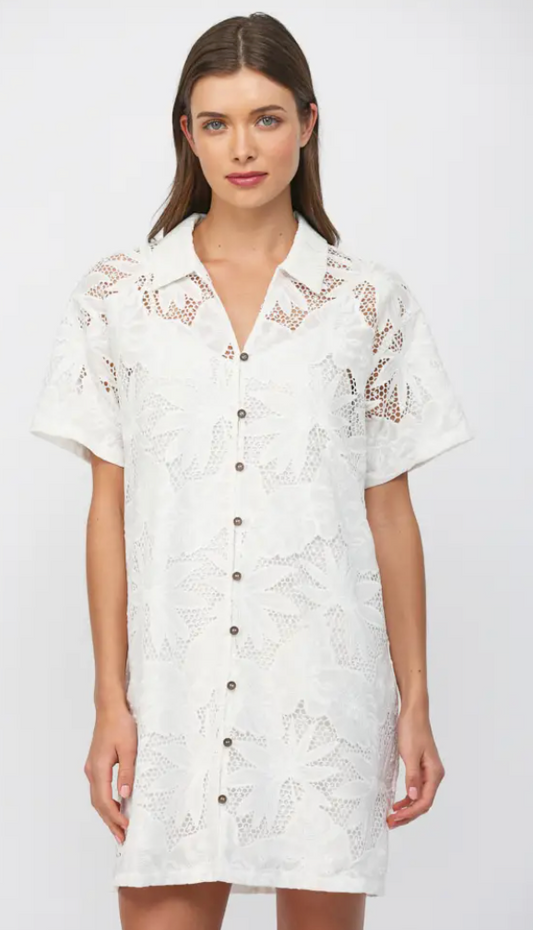 Tropical Eyelet Shirt Dress-White