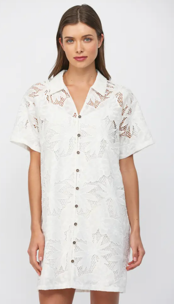 Tropical Eyelet Shirt Dress-White Medium