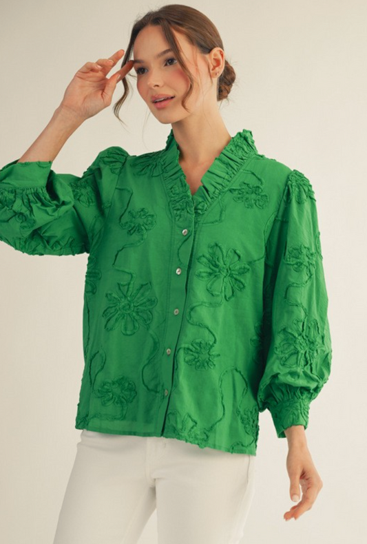 Button Down 3d Floral Top- Kelly Green