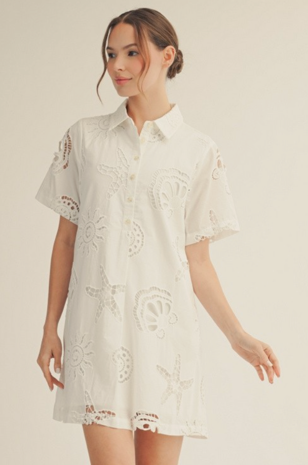 Front Pleat Detail Eyelet Summer Dress- White
