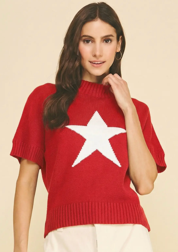 Star Graphic Short-Sleeve Mock Neck Sweater