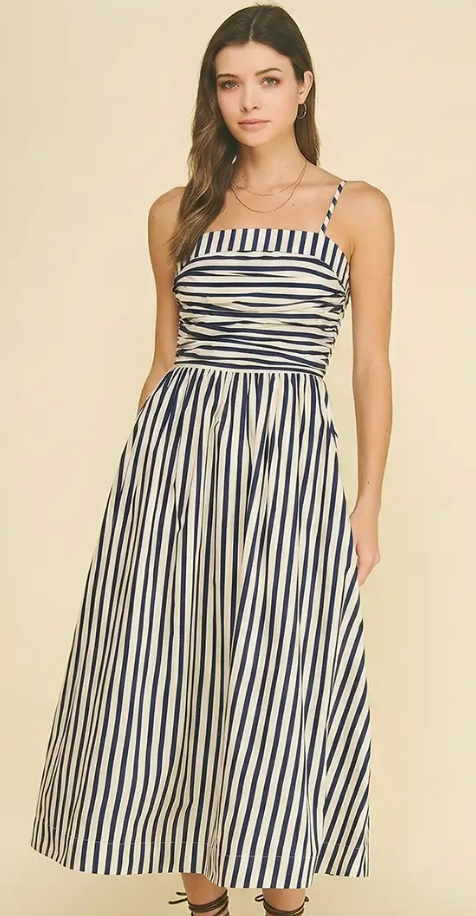 Striped Ruched Detail Midi Dress