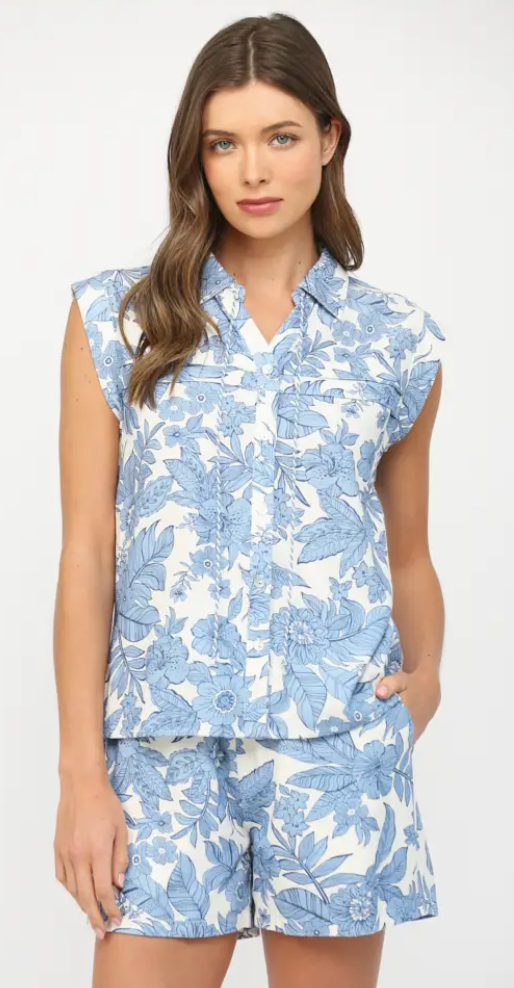 Floral Tuck Detail Split Neckline Button Down set
