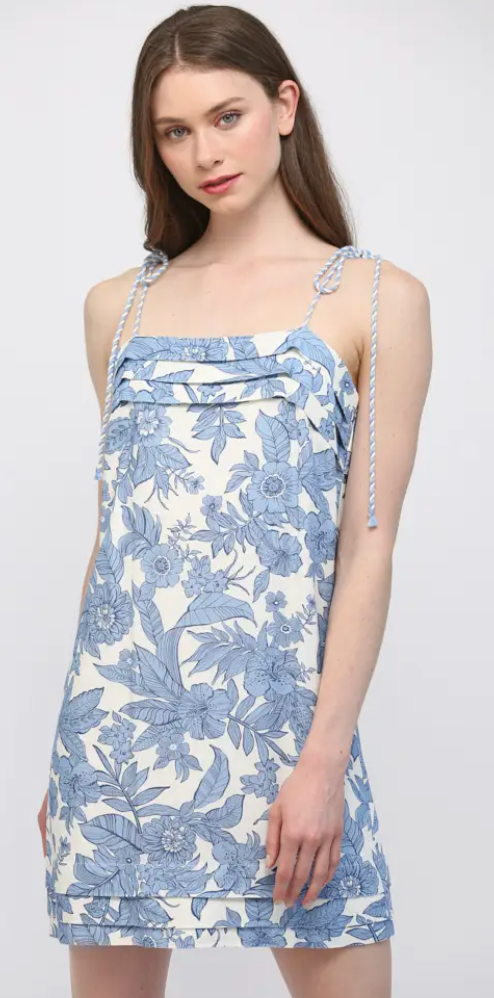 Floral Linen Blend Shoulder Strap Tie Dress