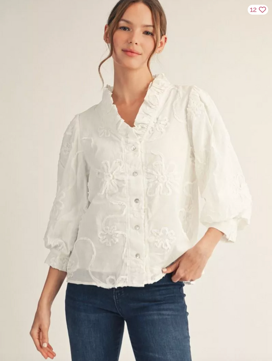 3/4 Sleeve Button Down Floral Textured Blouse