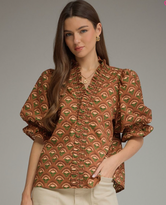 Geometric print puff sleeve top