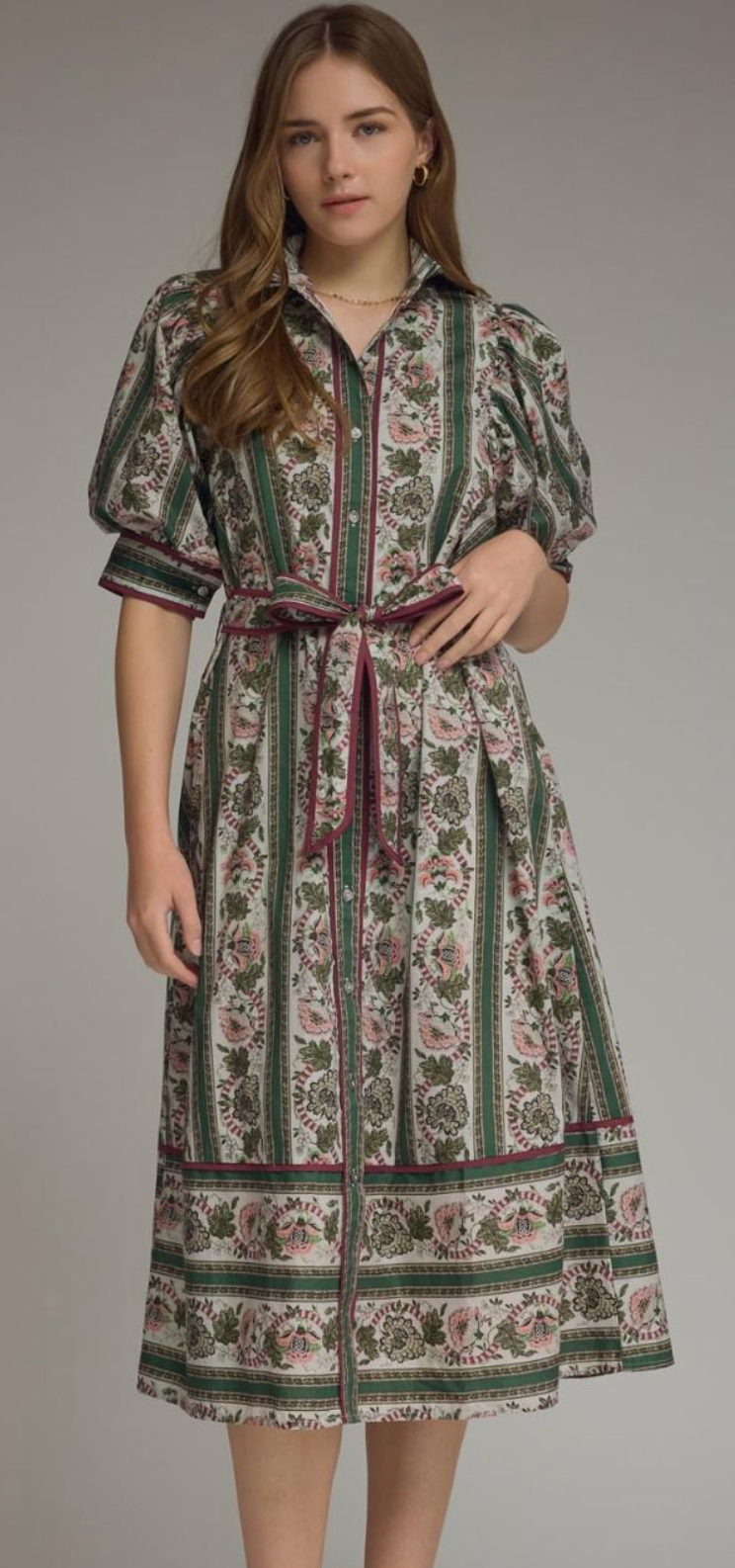 Floral stripe print short puff sleeve midi dress