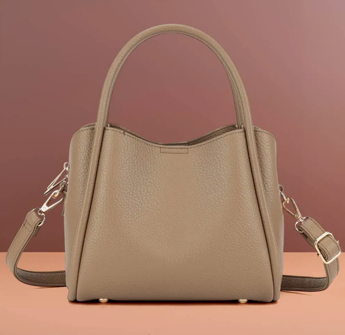 Faux Leather Top Handle Handbag- KHAKI
