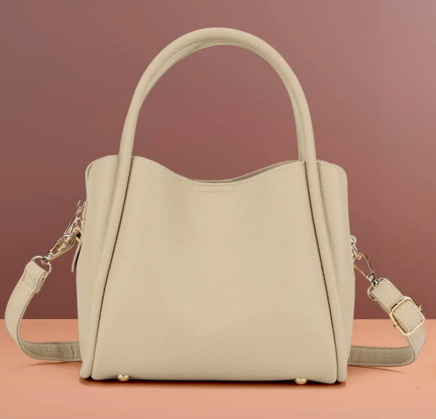 Faux Leather Top Handle Handbag- LIGHT BEIGE