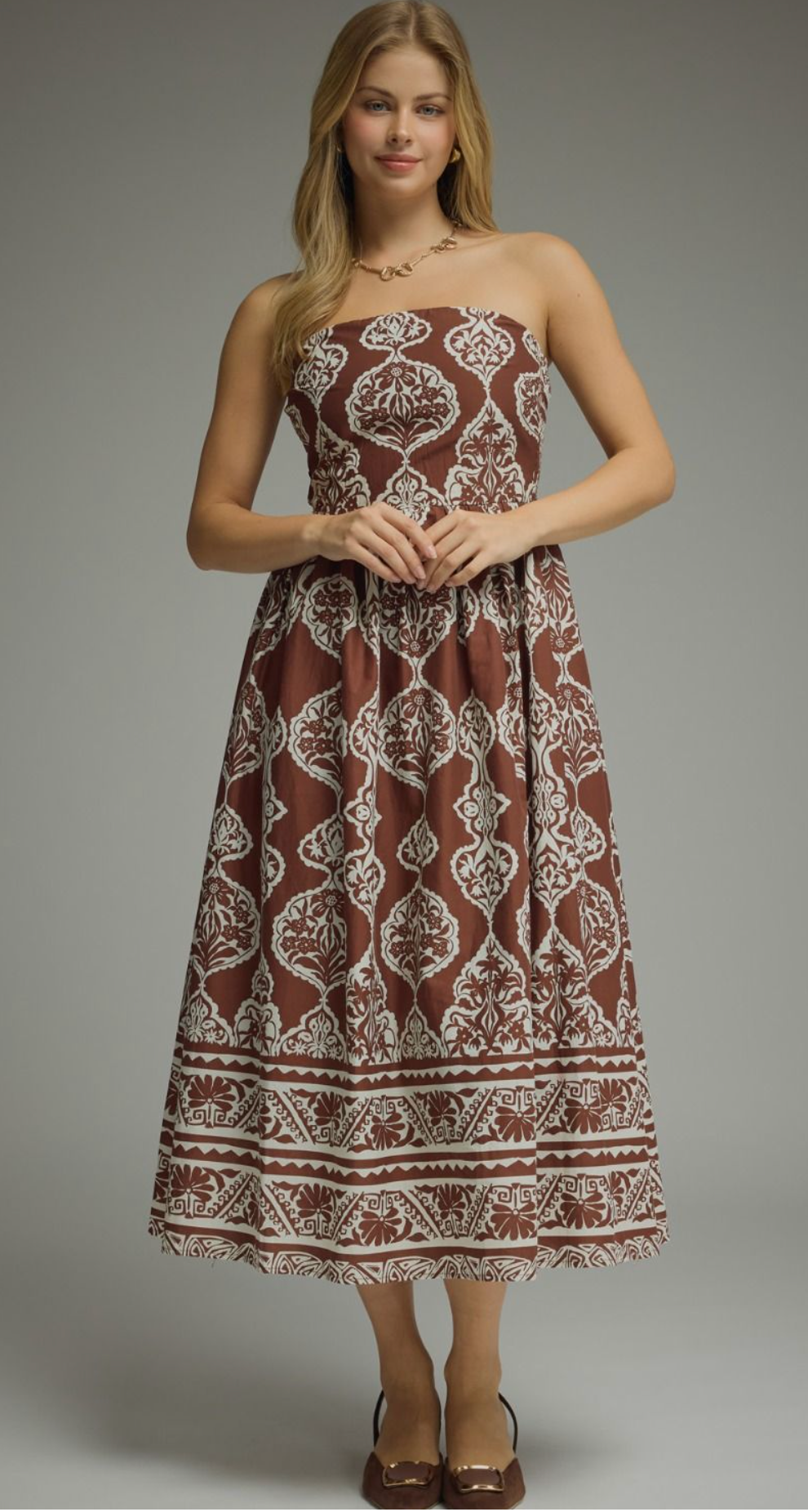 Strapless Brown Patterned Midi Dress