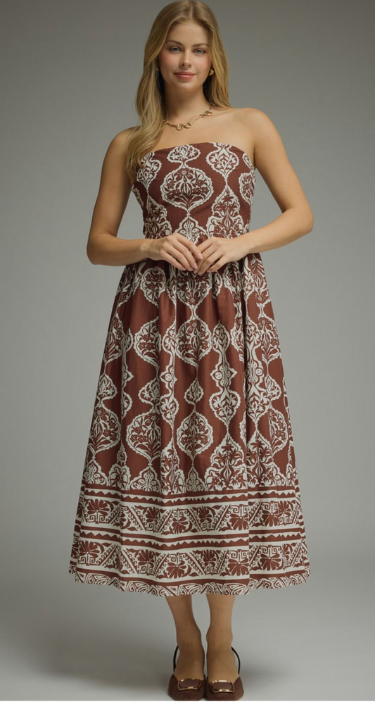 Strapless Brown Patterned Midi Dress