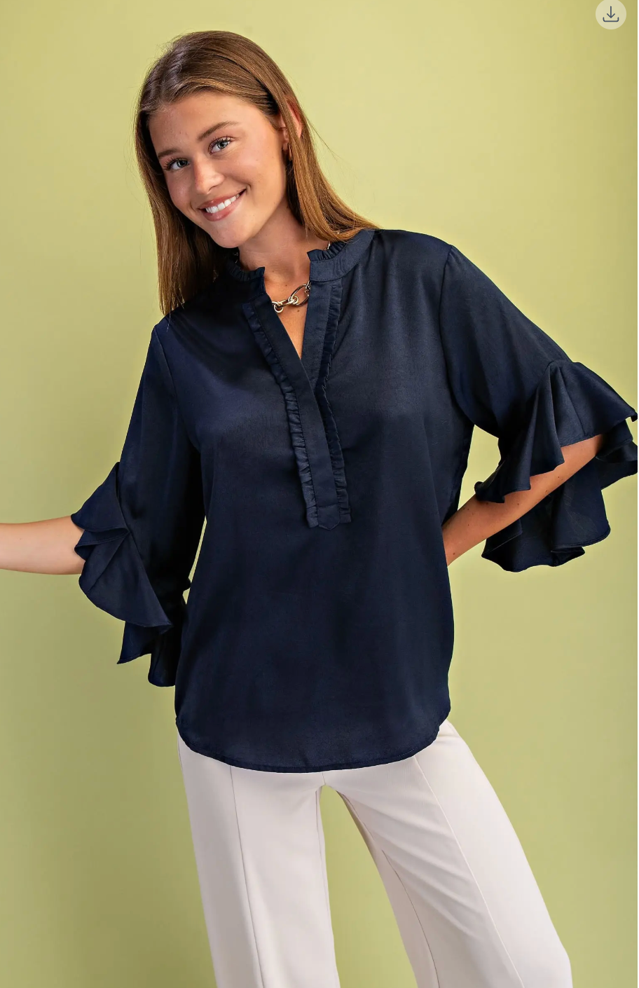 Satin Ruffled bell Sleeve Top- Navy