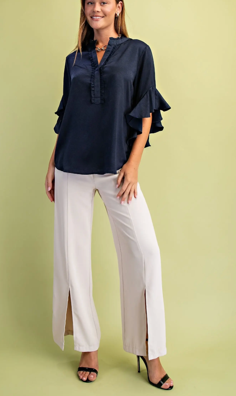 Satin Ruffled bell Sleeve Top- Navy