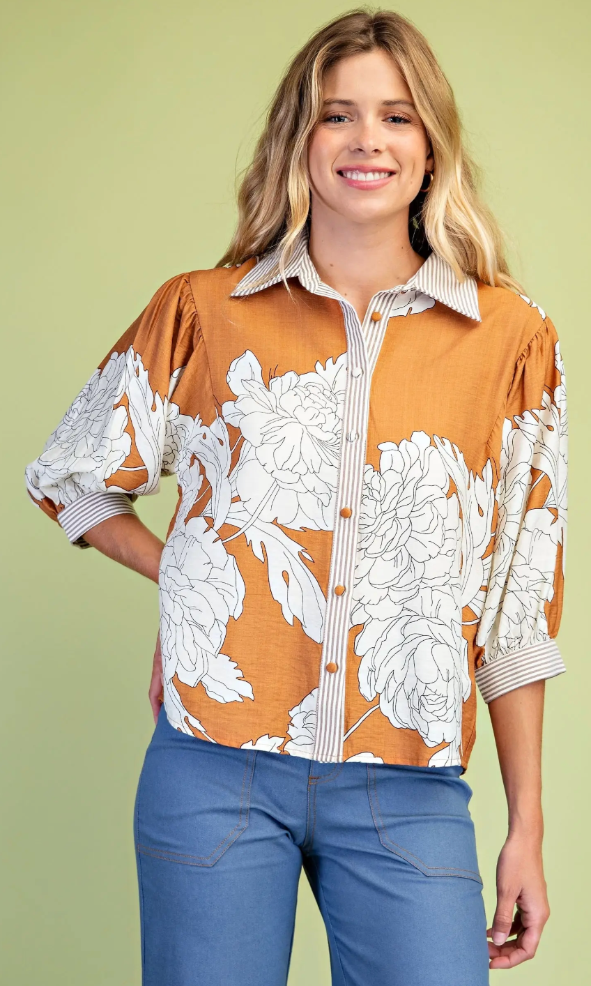 Floral Print Button Down with Striped Accents- Bronze