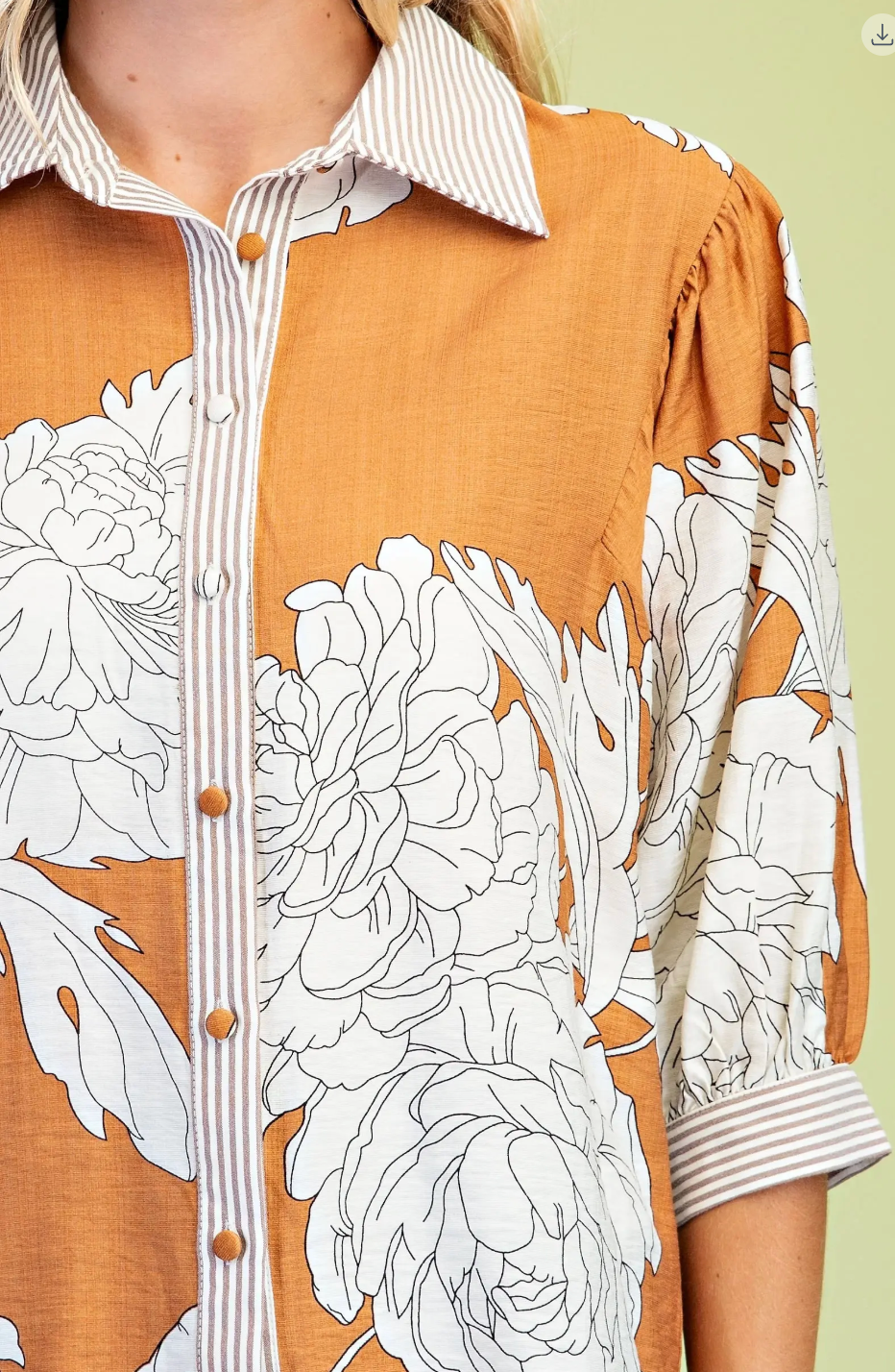 Floral Print Button Down with Striped Accents- Bronze
