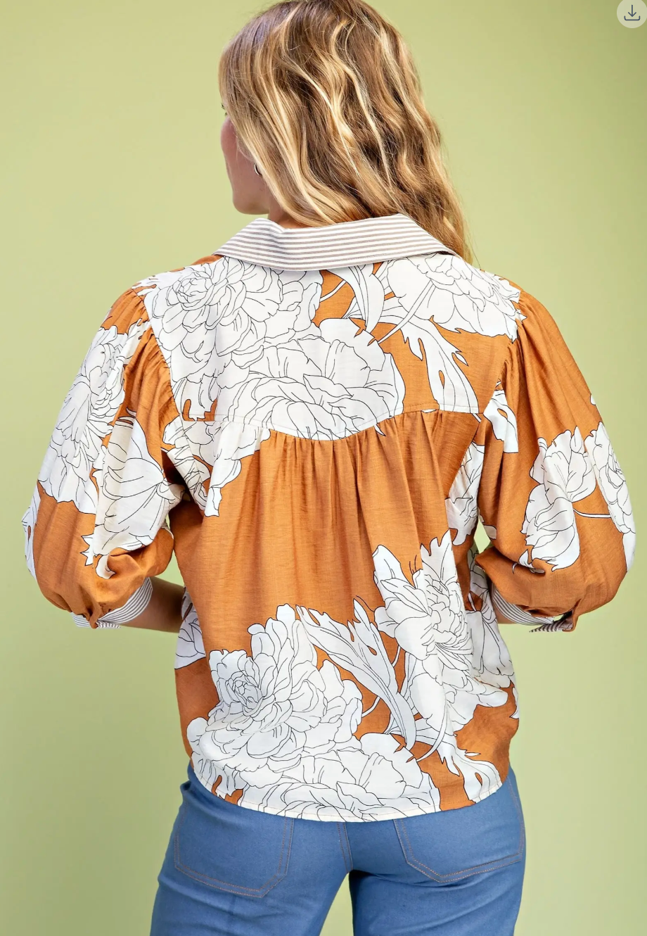 Floral Print Button Down with Striped Accents- Bronze