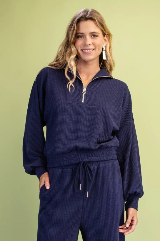 Textured Knit Long Sleeve Top Half Zip Mock Neck- Navy