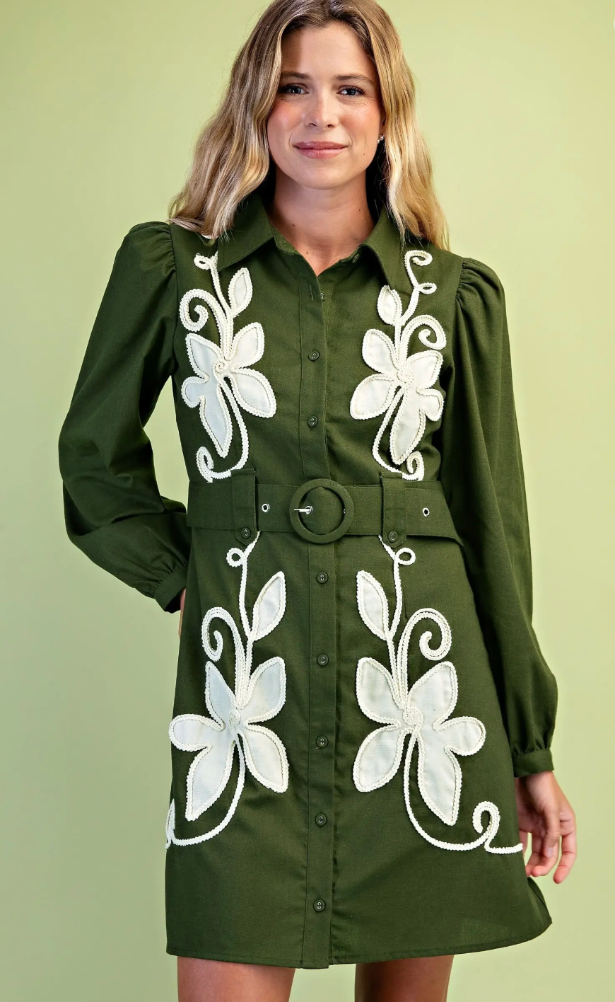 Linen Long Sleeve Applique Dress with Belt