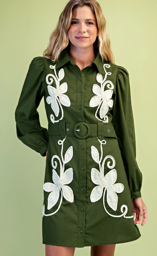 Linen Long Sleeve Applique Dress with Belt