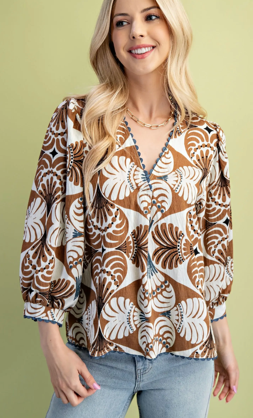 Printed Ric-Rac Trim V-Neck Blouse 3/4 Sleeves- Brown Mix