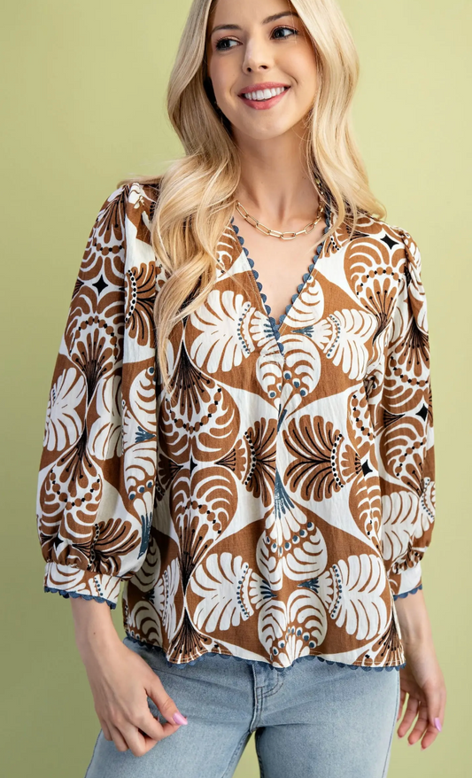 Printed Ric-Rac Trim V-Neck Blouse 3/4 Sleeves- Brown Mix