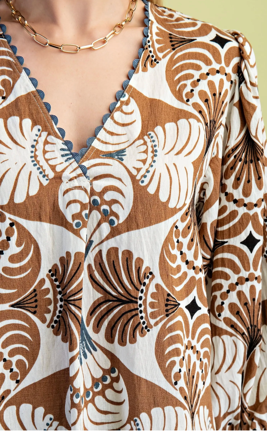 Printed Ric-Rac Trim V-Neck Blouse 3/4 Sleeves- Brown Mix
