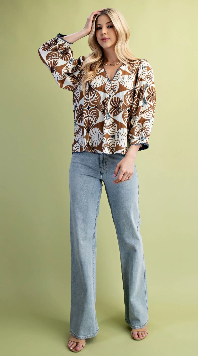 Printed Ric-Rac Trim V-Neck Blouse 3/4 Sleeves- Brown Mix