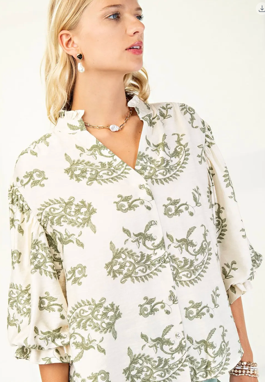Patterned Button Down Blouse- Sage