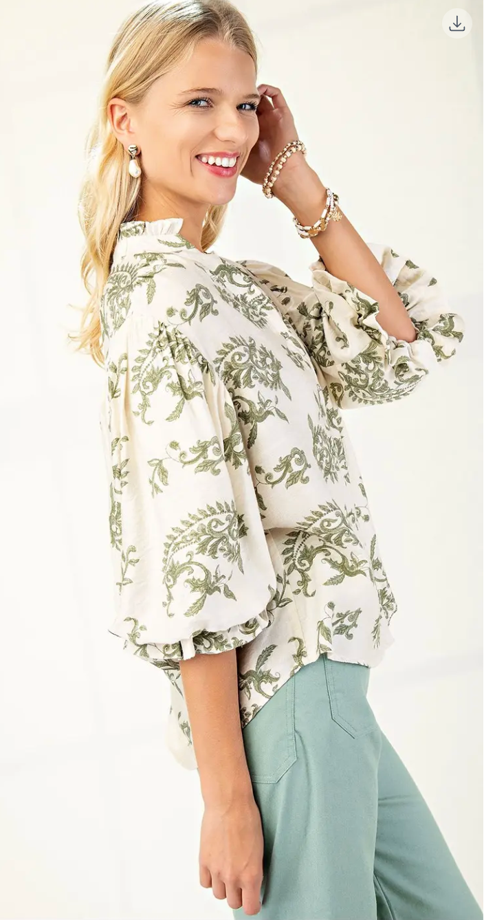Patterned Button Down Blouse- Sage