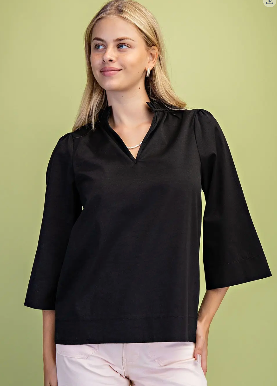 Ruffle Neck Blouse 3/4 Wide Sleeves - Black
