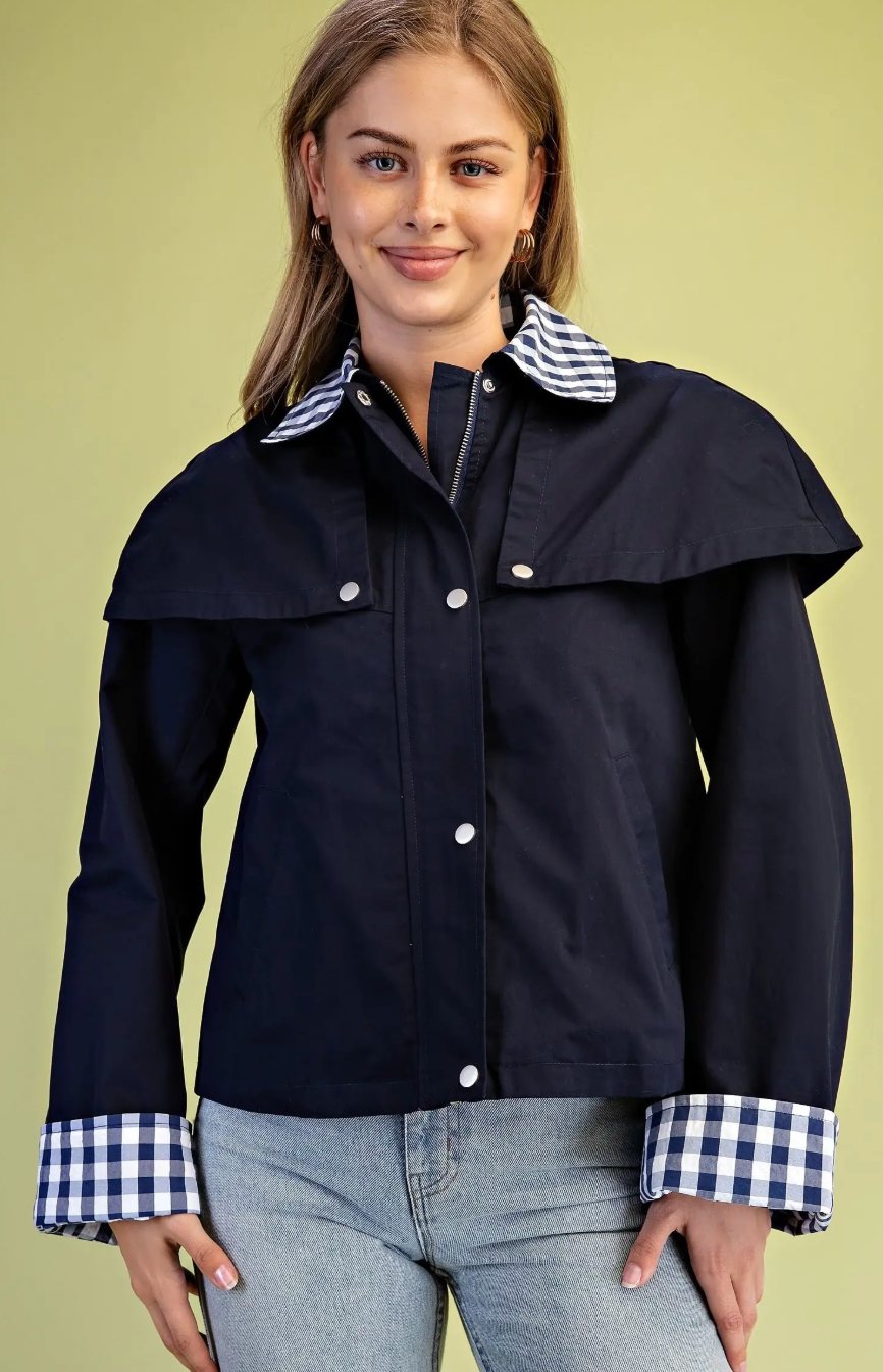 Gingham Accented Jacket Removable Cape- Navy Combo