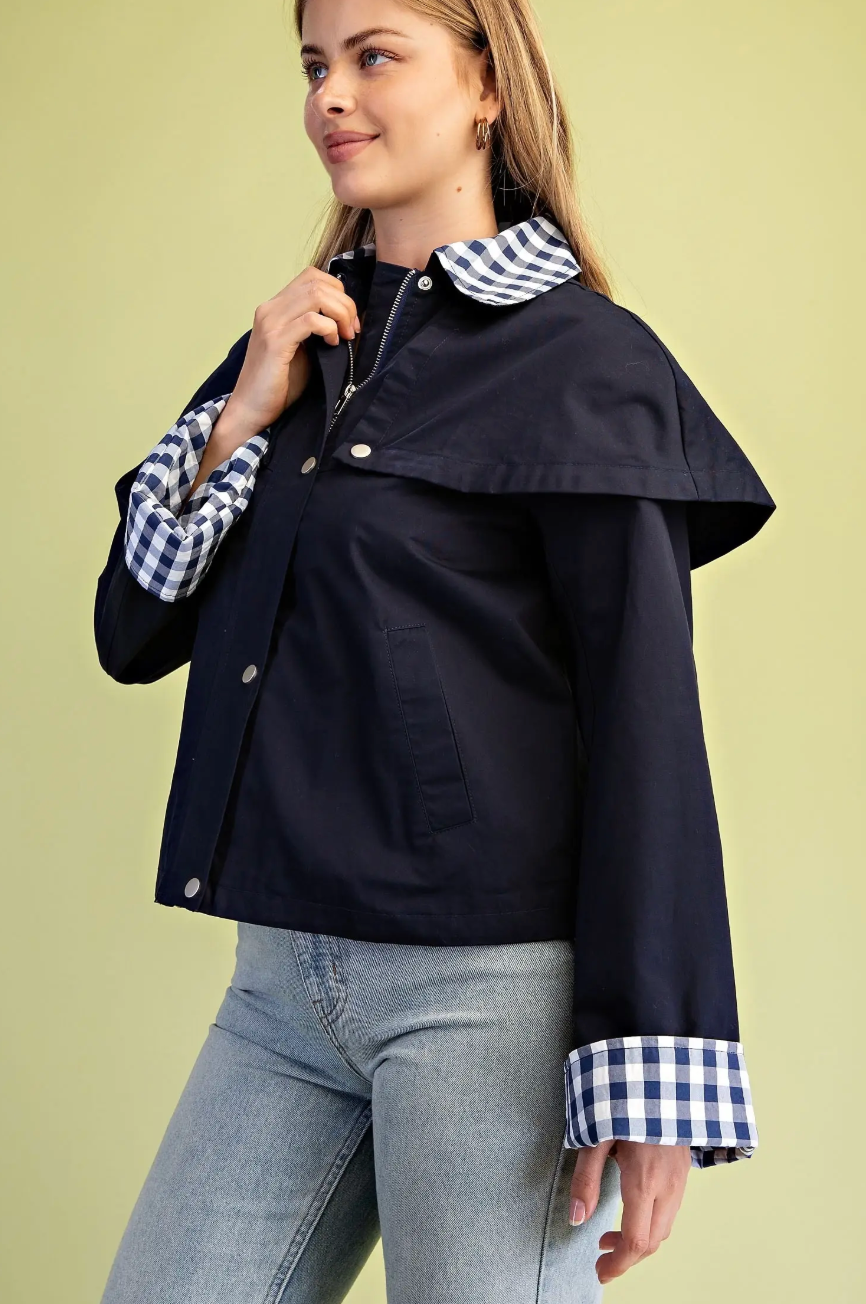 Gingham Accented Jacket Removable Cape- Navy Combo