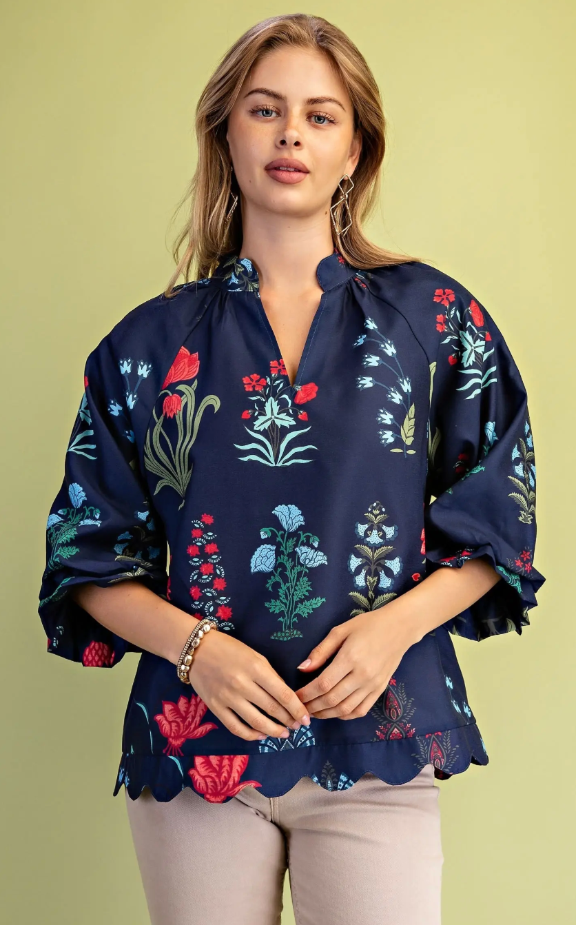 Printed Scalloped Edged V-Neck 3/4 Balloon Sleeves
