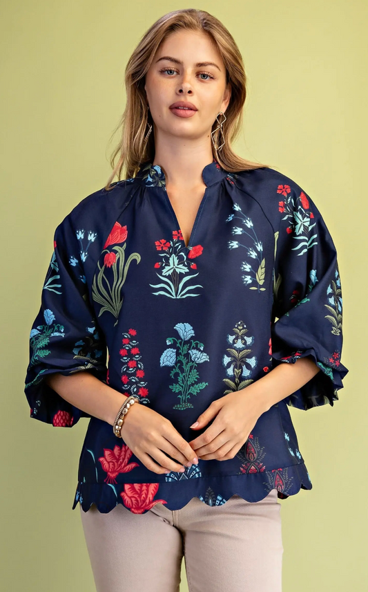 Printed Scalloped Edged V-Neck 3/4 Balloon Sleeves