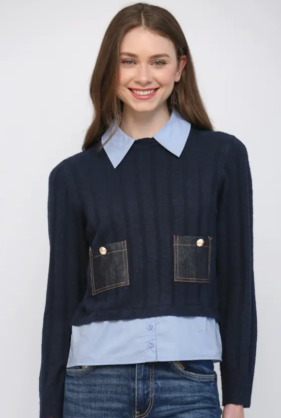 Denim Patch Pocket Detail Twofer Sweater