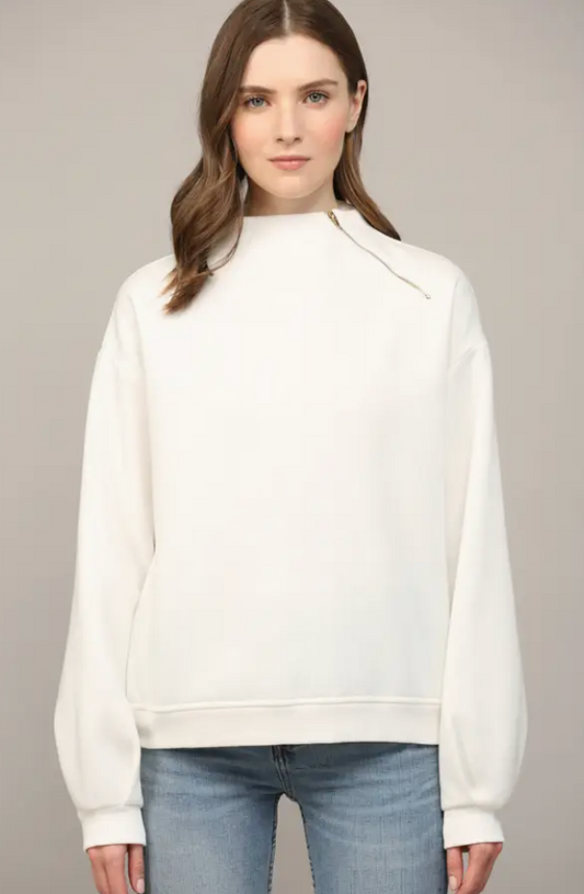 Zipper Trimmed Round Neck Sweatshirt