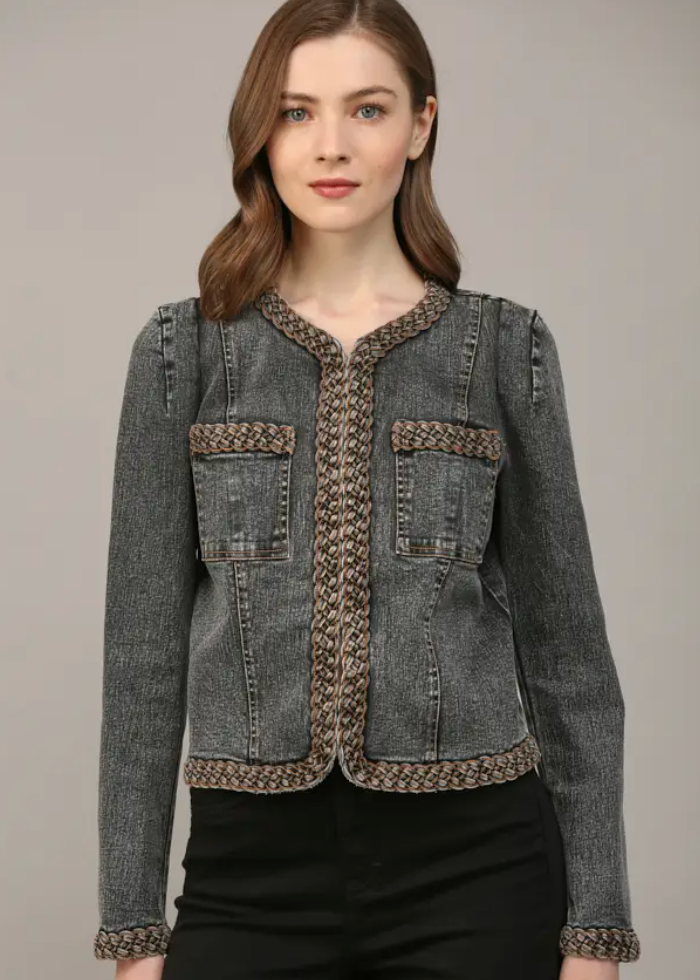 Braided Trim Washed Denim Jacket