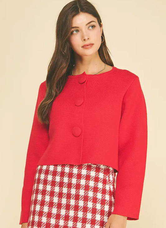 Bold Button Front Cropped Knit Cardigan - CINNAMON
