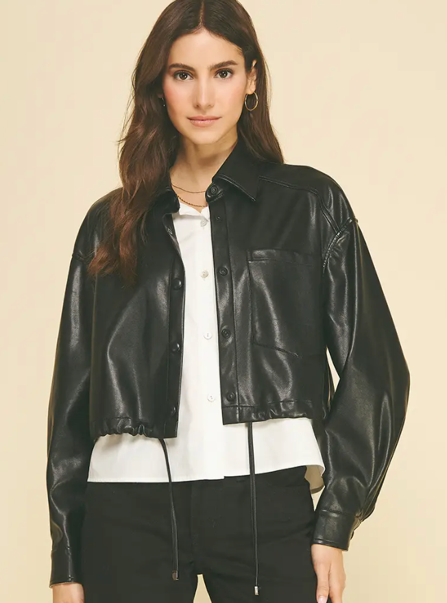 Cropped Faux Leather Jacket with Shirt