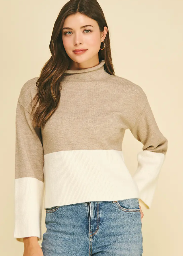 Colorblock Mock Neck Sweater
