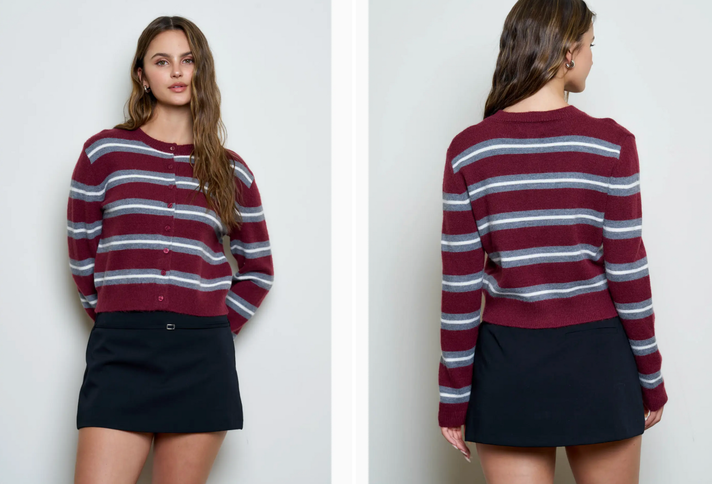 Burgundy Striped Knitted Cardigan