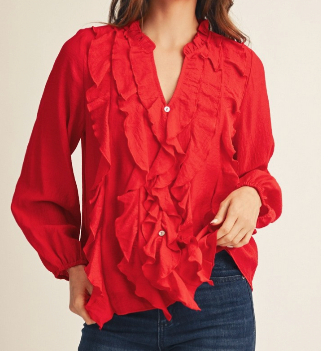Drape Ruffle Detail Crinkle Solid Blouse - RED