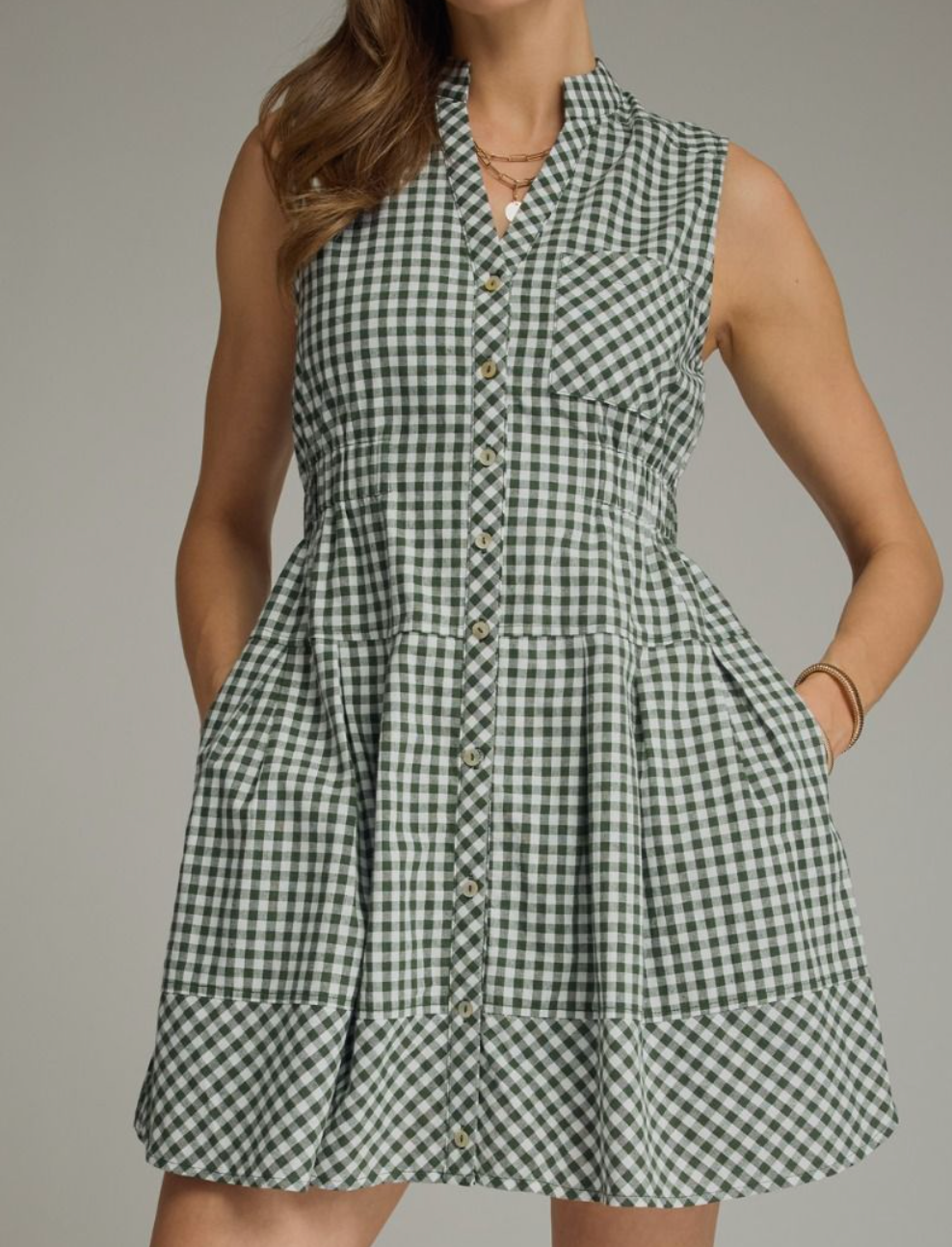 Gingham Collared Sleeveless Mini Dress - GREEN