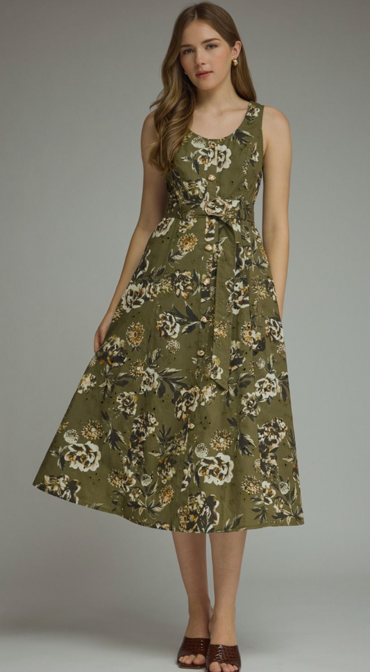 Sleeveless Green Floral Midi Dress