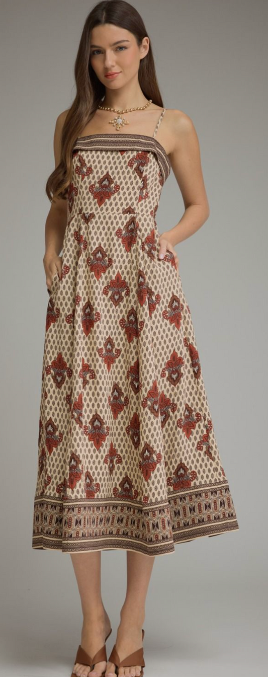 Ornamental Print Sleeveless Midi Dress