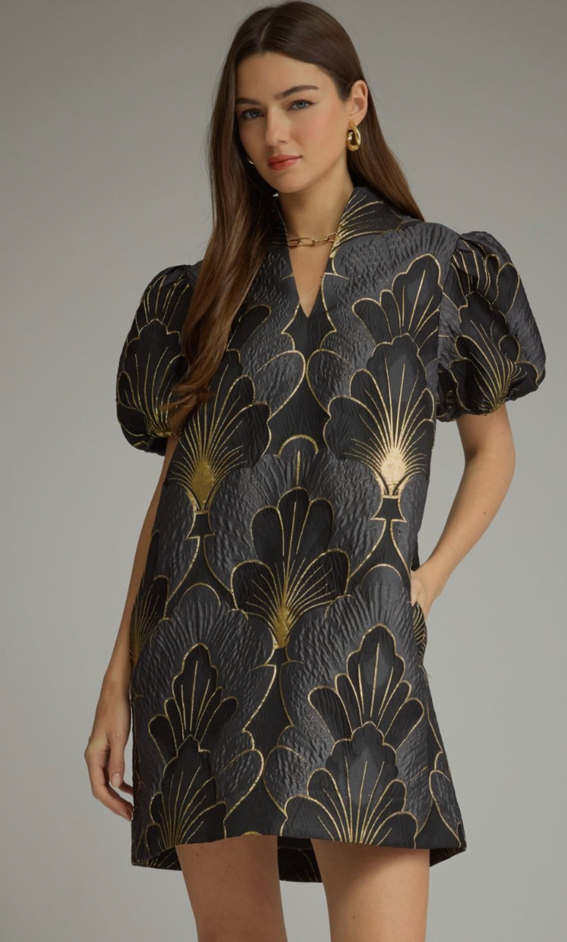 Floral Jacquard Puff Sleeve Mini Dress